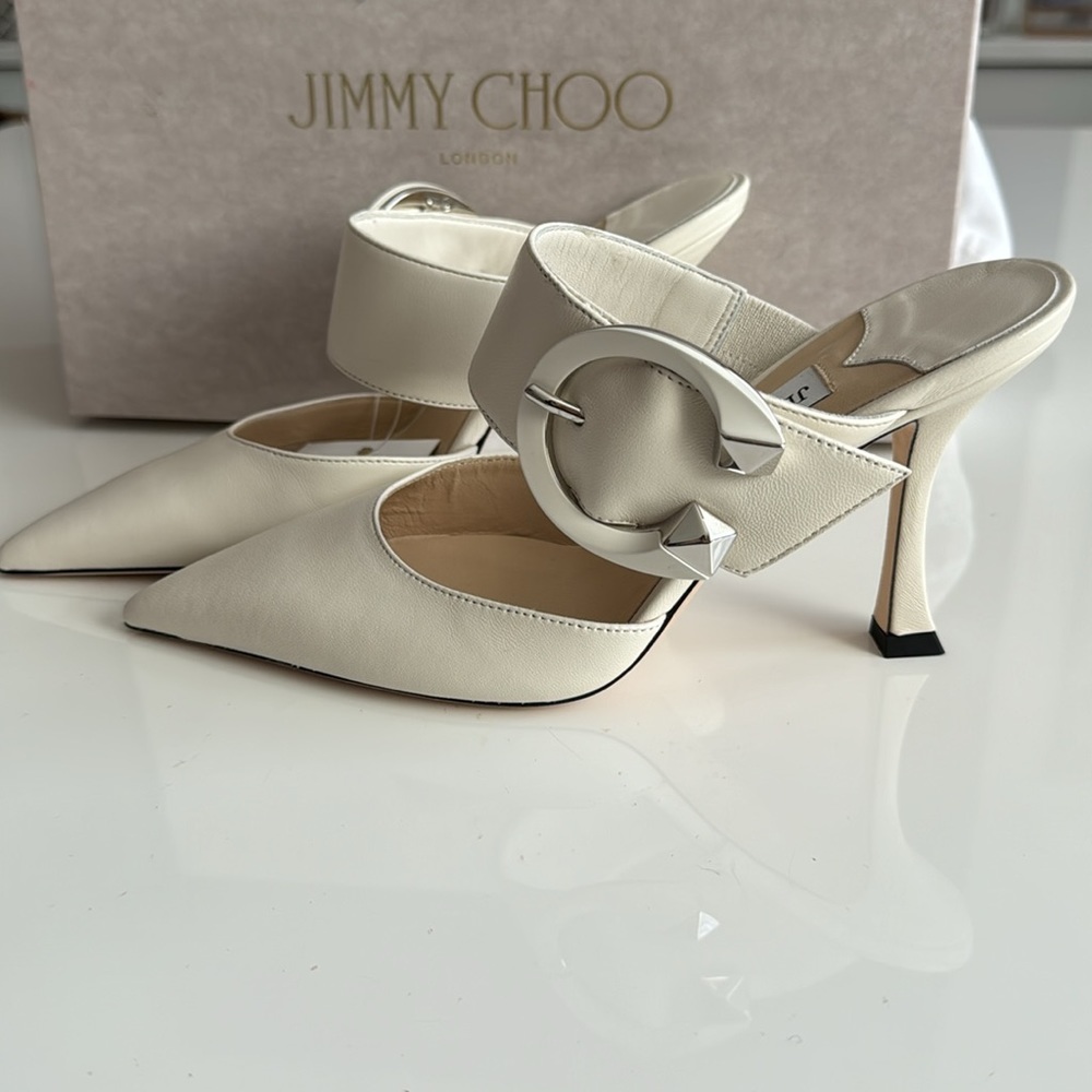 Jimmy Choo Ivory Pointed-Toe Leather Mules with Decorative Buckle - Picture 2 of 9